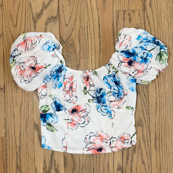 Abercrombie & Fitch Multi Colored Floral Puff Sleeve Crop Top Smocked Pleated XS - Picture 3 of 14